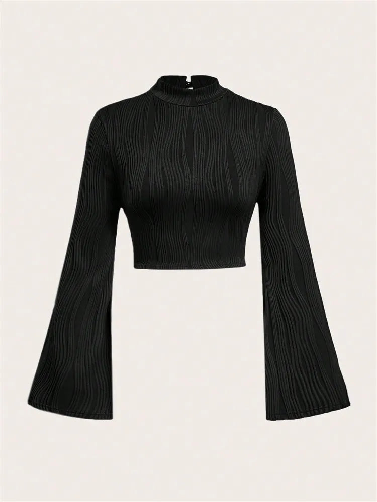 Black Mock Neck Flare Long Sleeve Crop Top