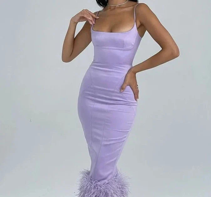 Luxe Feather Tassel Spaghetti Strap Midi Dress