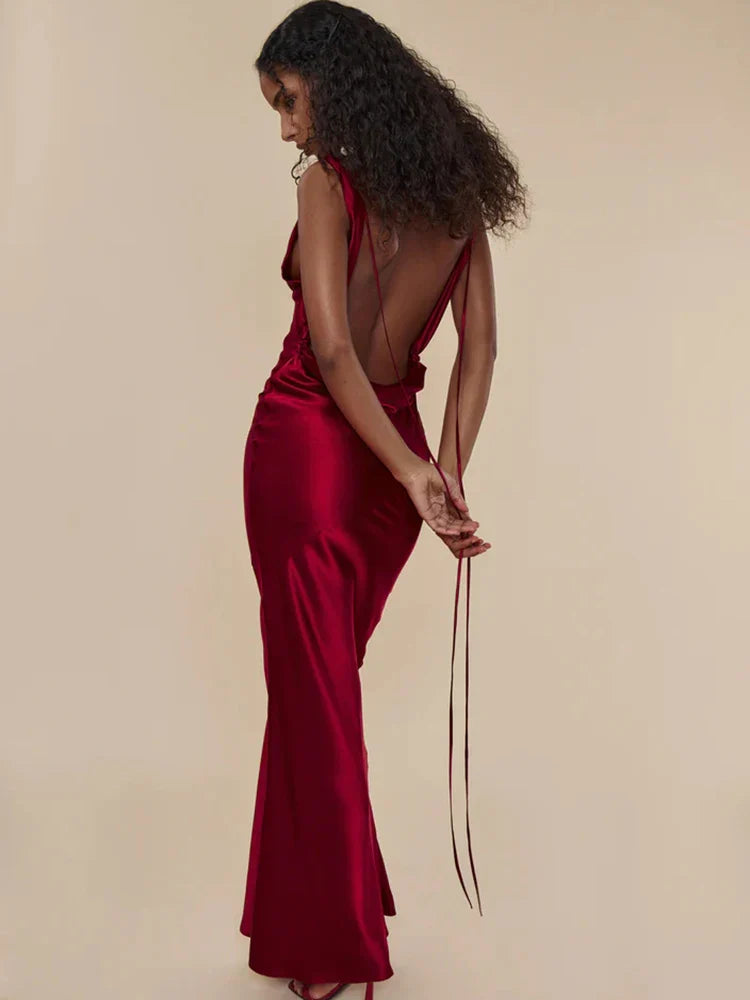 Luxe Plunging Back Cowl Lace Up Satin Silk Maxi Dress