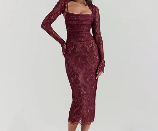 Lace Print Bodycon Burgundy Midi Dress