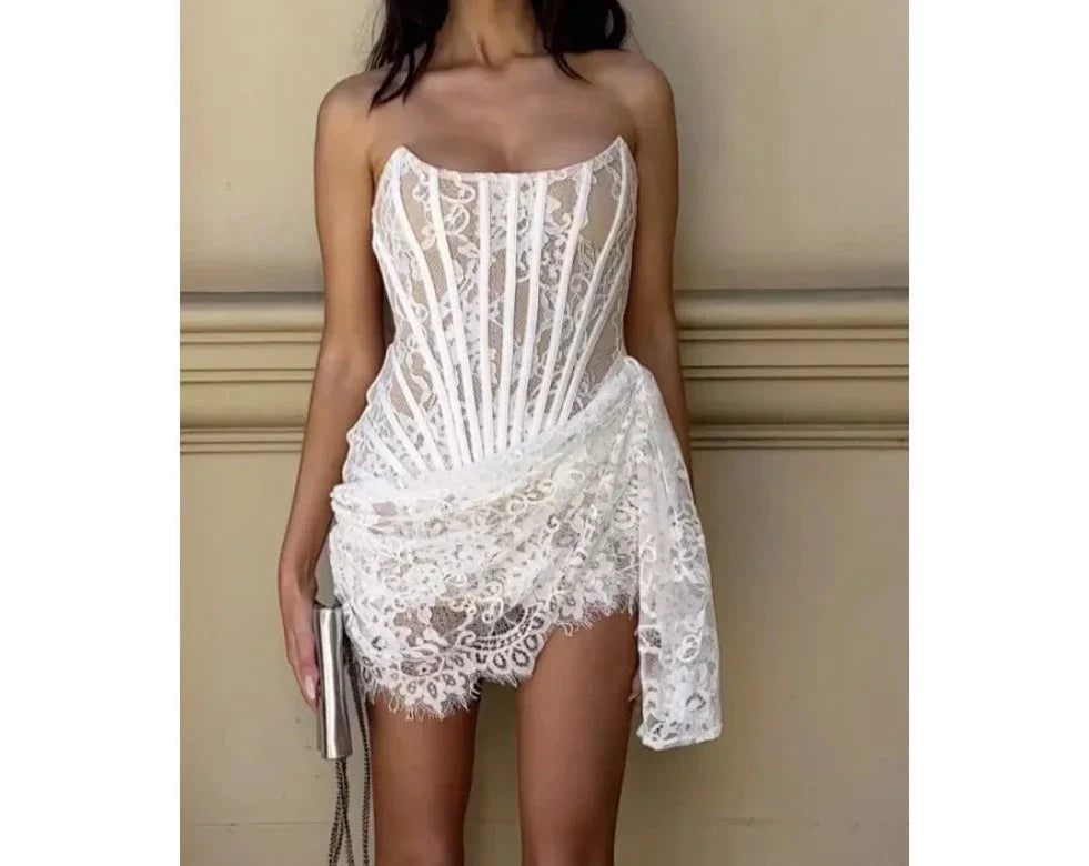 Luxe Chic Sexy Strapless Lace Mini Gown Dress