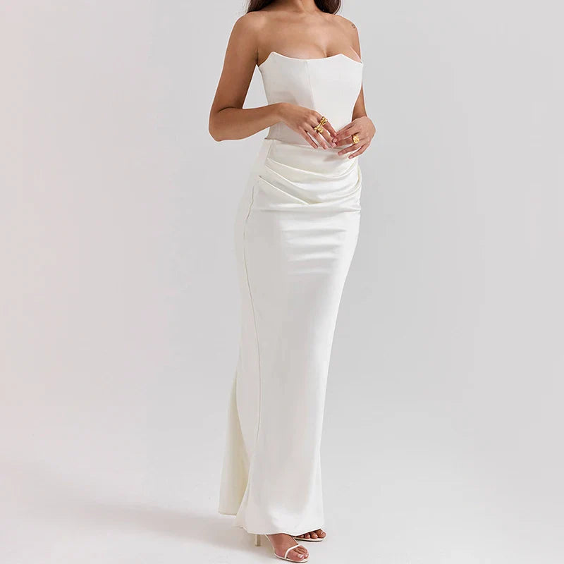 Luxe Satin White Draped Maxi Dress