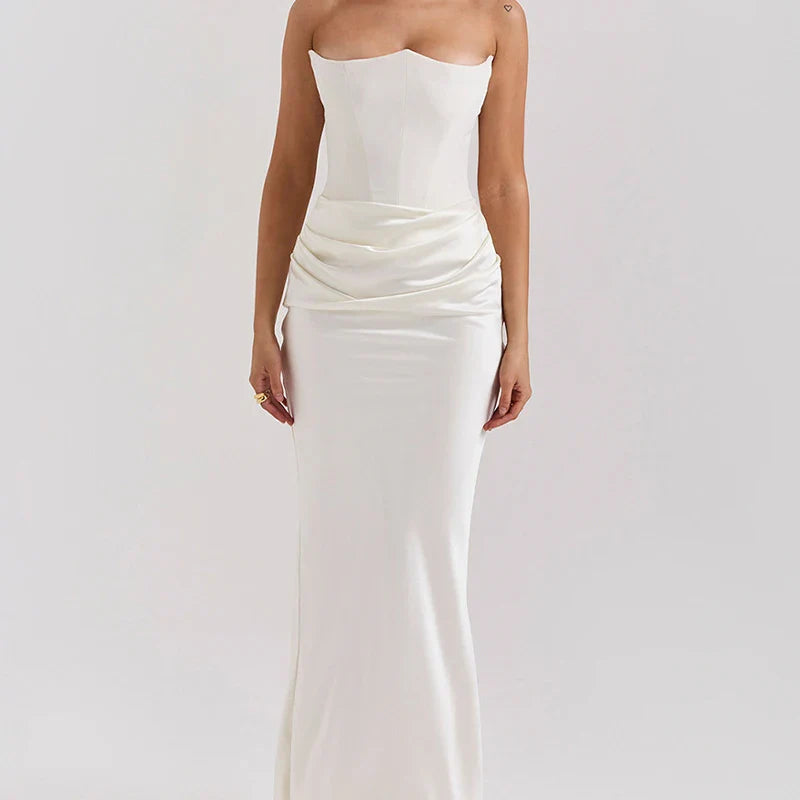 Luxe Satin White Draped Maxi Dress