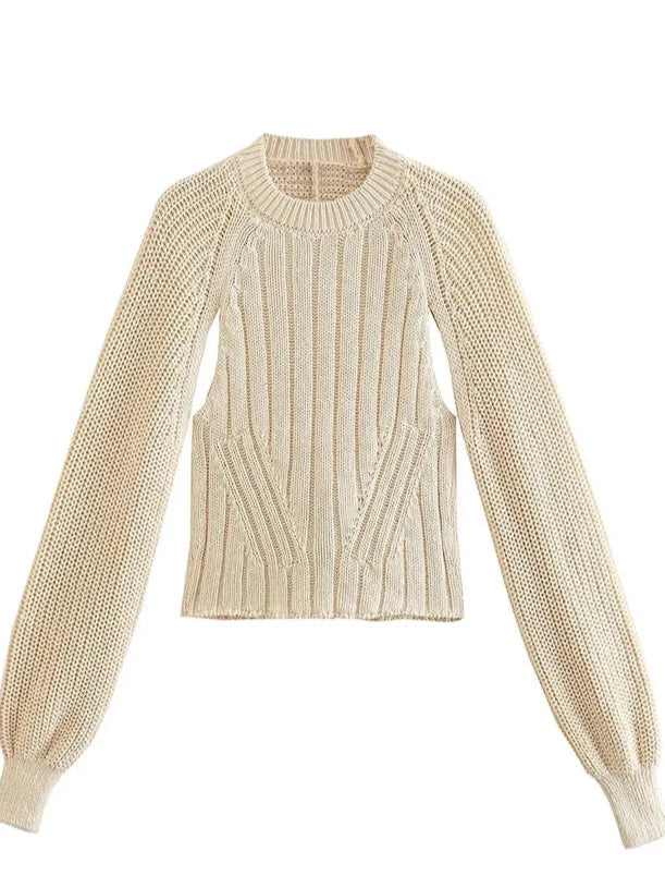 Chic Beige Knitted Backless Bow Tie  Sweater