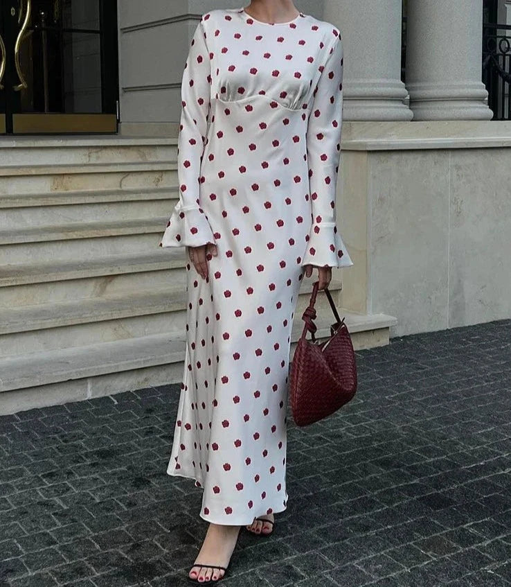 Flare Long Sleeve Printed Polka Dot Maxi Dress