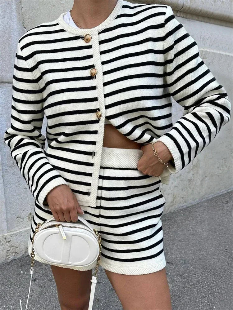 Striped Knit Cardigan & Shorts Two Piece Set