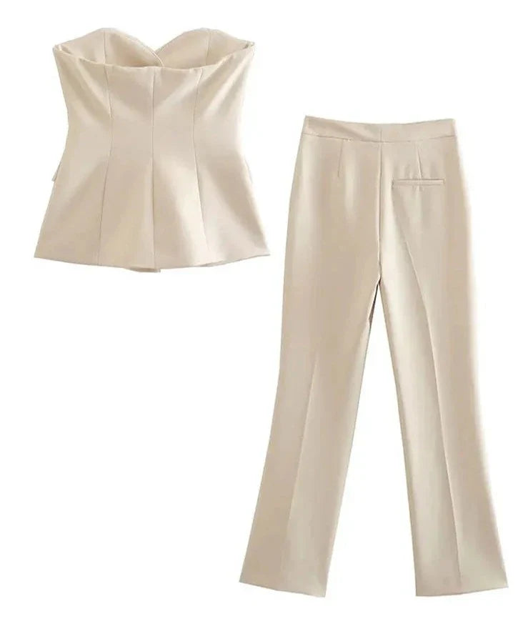 Strapless Button Straight Leg Pant Suit