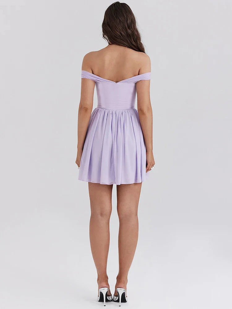 A&A Lilac Off-shoulder Pleated Mini Dress