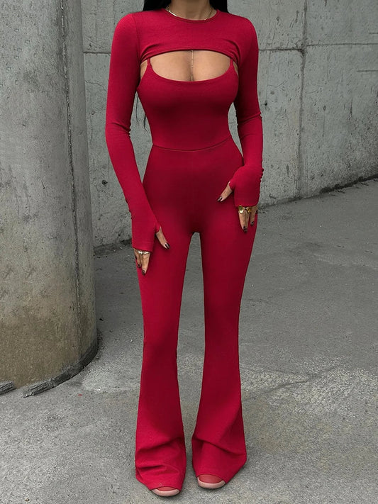 Hollow Out Jumpsuit Long Sleeve Two Piece Set