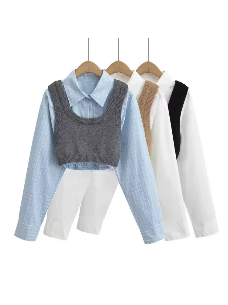 Cropped Shirt Knited Vest Set