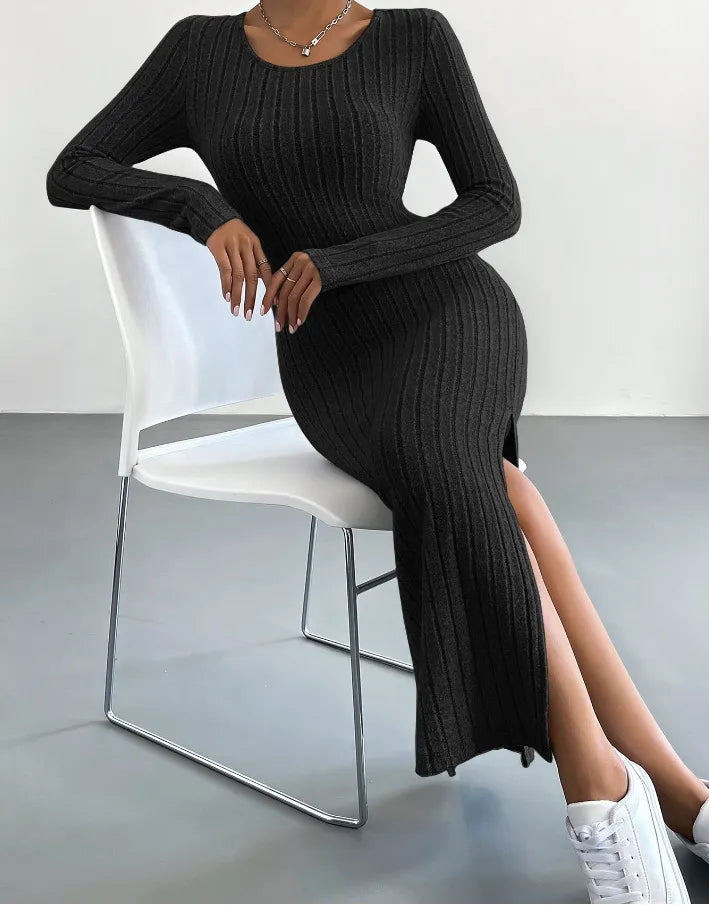 Round Neck Long Sleeve Slit Midaxi Knit set