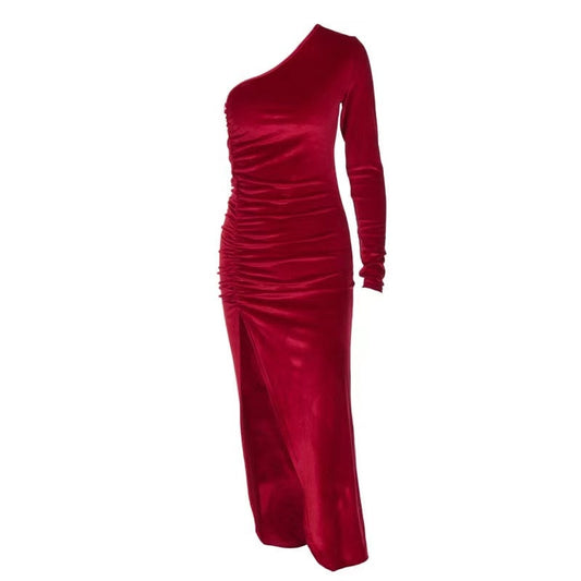 One Shoulder Ruched Slit Velvet Midi Dress