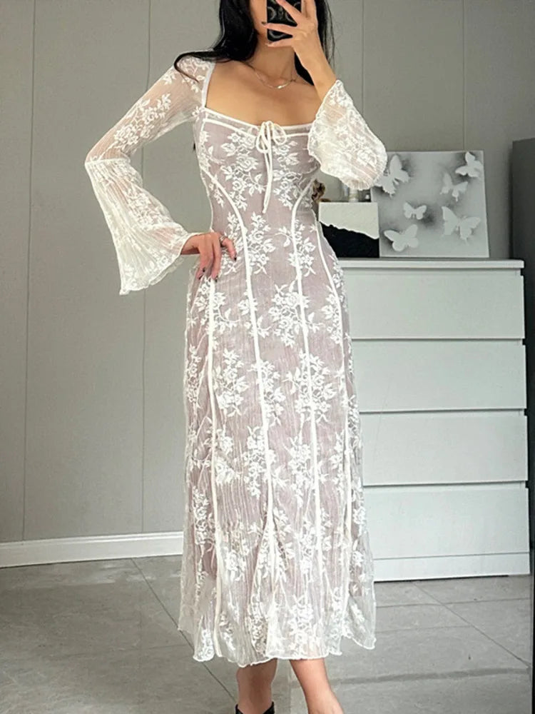 Luxe Vintage Square Collar Lace Long Sleeve Maxi Dress