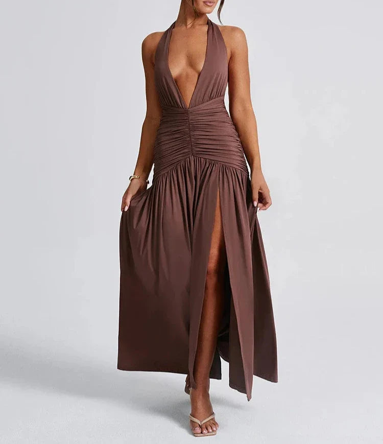 Halter Plunge Neck Backless Thigh Split Maxi Dress