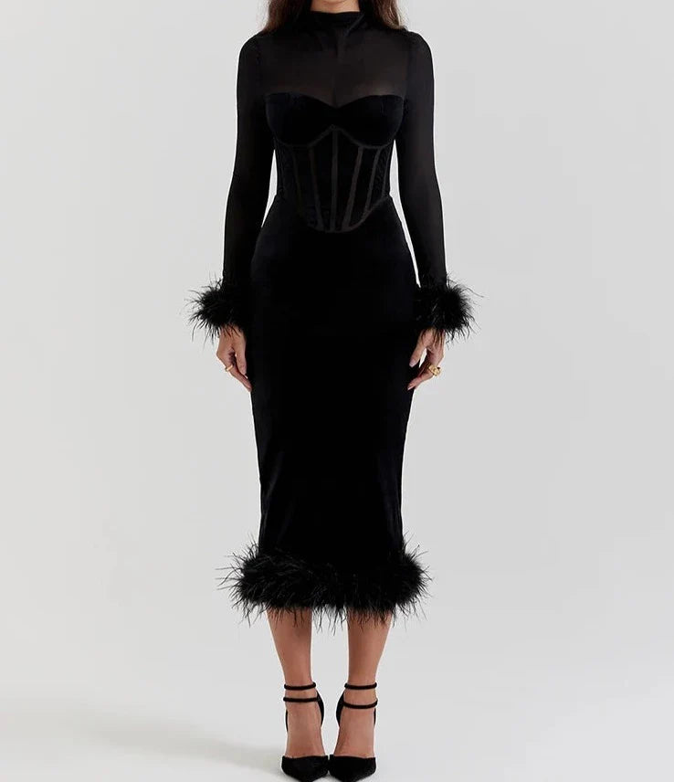 Luxe Velvet Long Sleeved Feather Midi Bodycon Dress