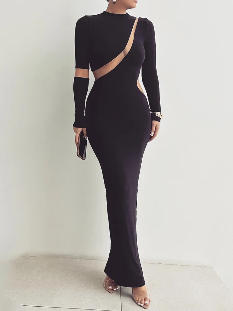 Long Sleeve Mesh Insert Bodycon Maxi Dress