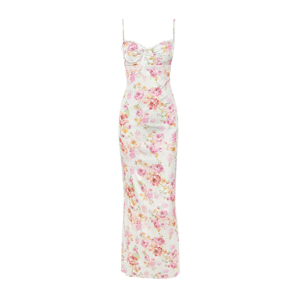 Spaghetti Strap Floral Print Bustier Maxi Bodycon Dress