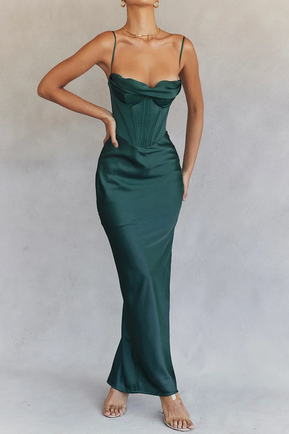 Spaghetti Strap Satin Corset Maxi Dress