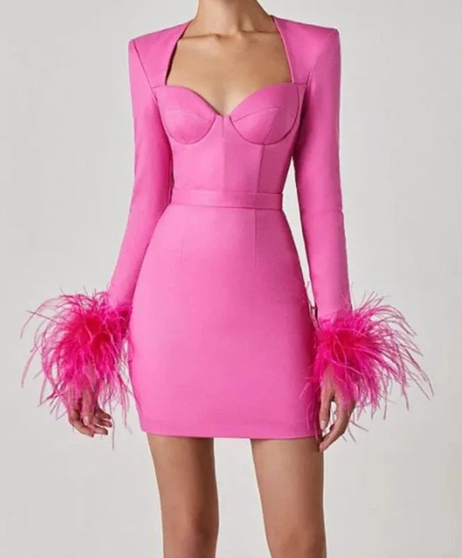 Luxe Long Sleeve Feathers Mini Bodycon Bandage Dress