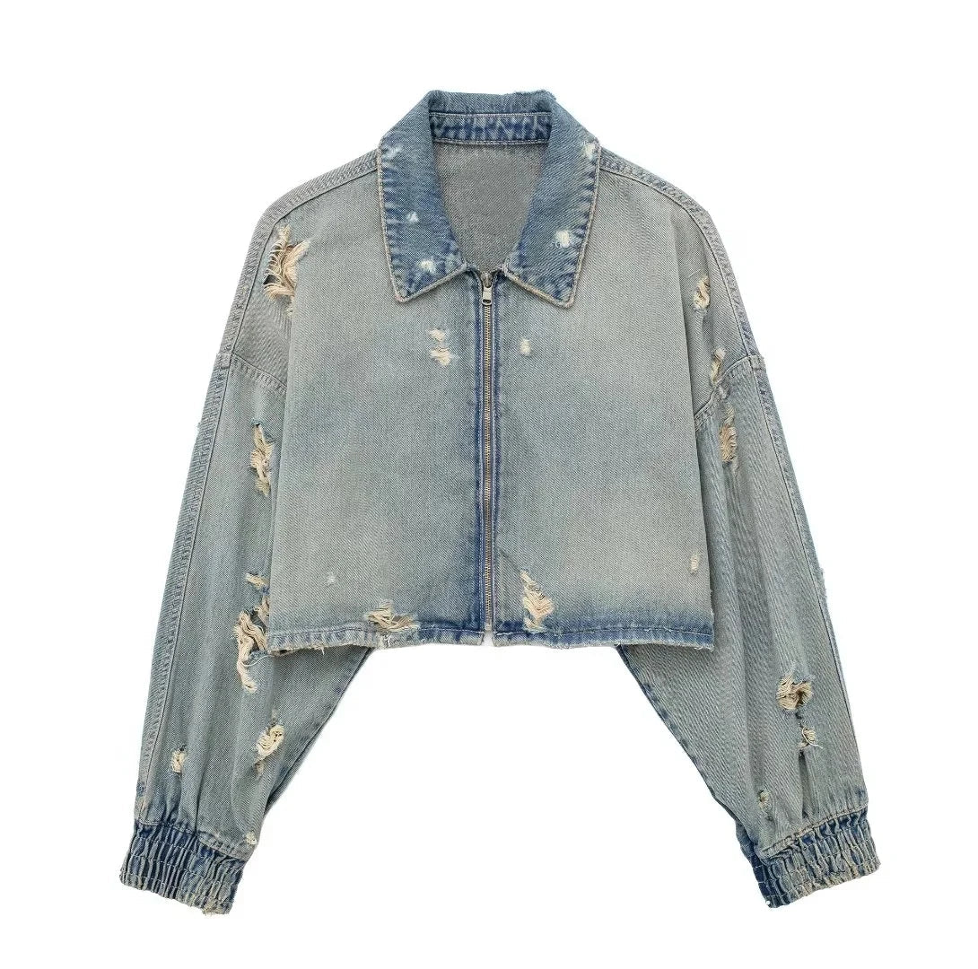 Angelina Denim Tear Cropped Jacket