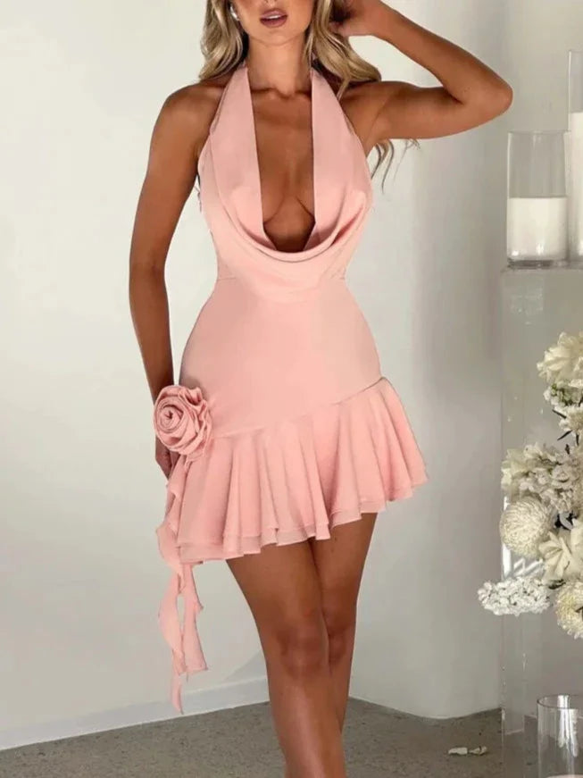 Halter 3D Flower Backless Ruffle Mini Dress