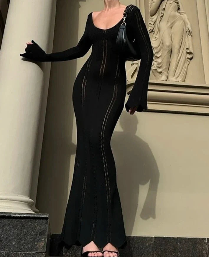 Knitted Sheer Black Long Sleeved Maxi Dress