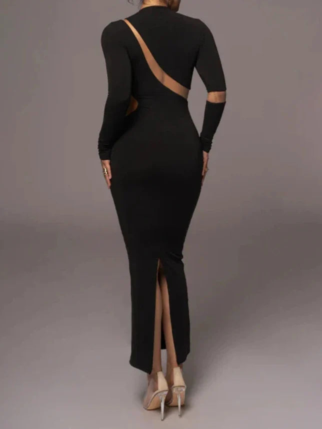 Long Sleeve Mesh Insert Bodycon Maxi Dress