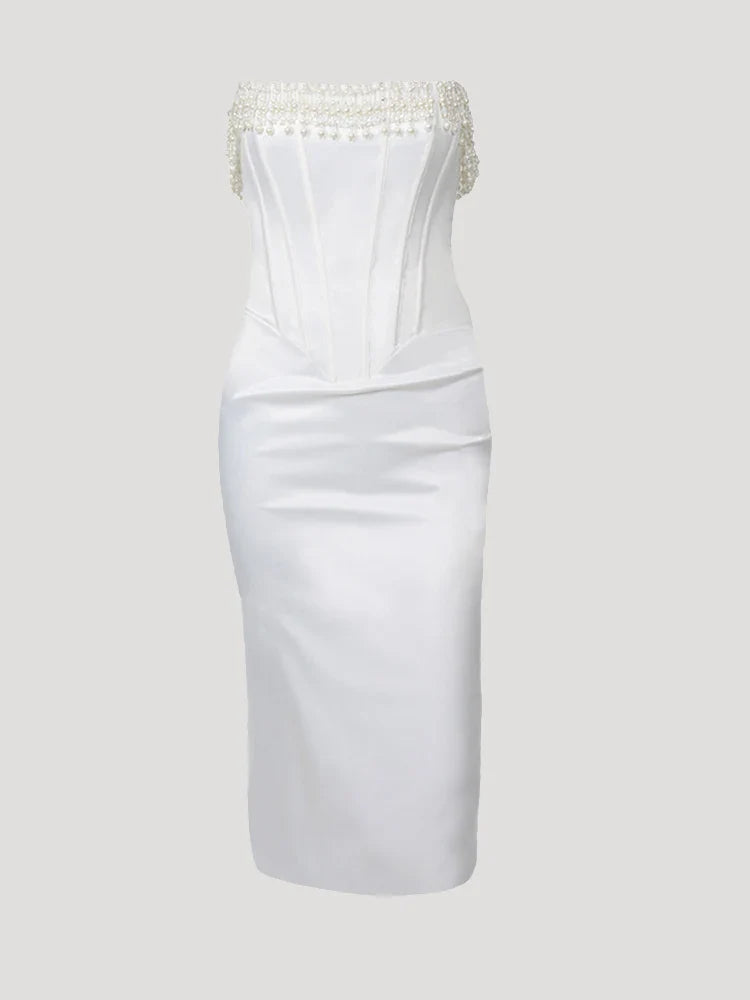 Luxe White Beading Satin Bodycon Dress