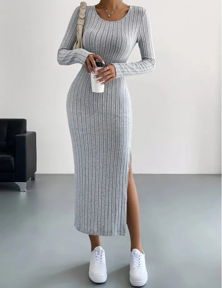 Round Neck Long Sleeve Slit Midaxi Knit set