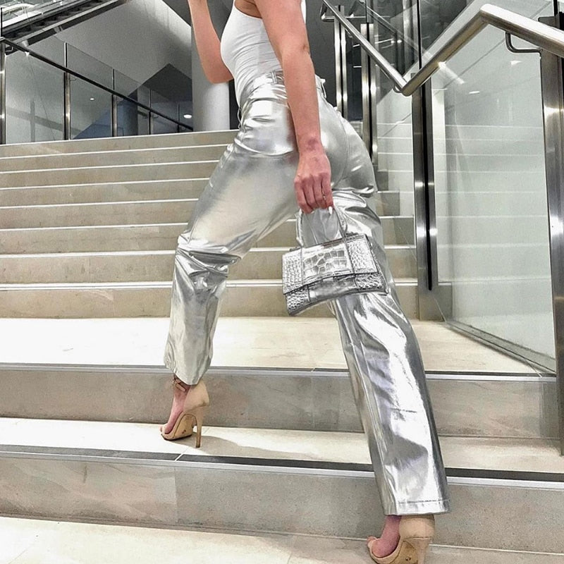 Metallic Straight Leg High Waist Trousers