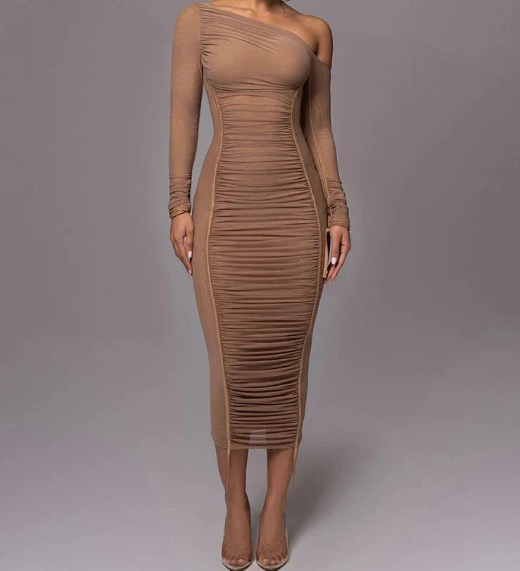 One Shoulder Mesh Long Sleeve Ruched Midi Dress