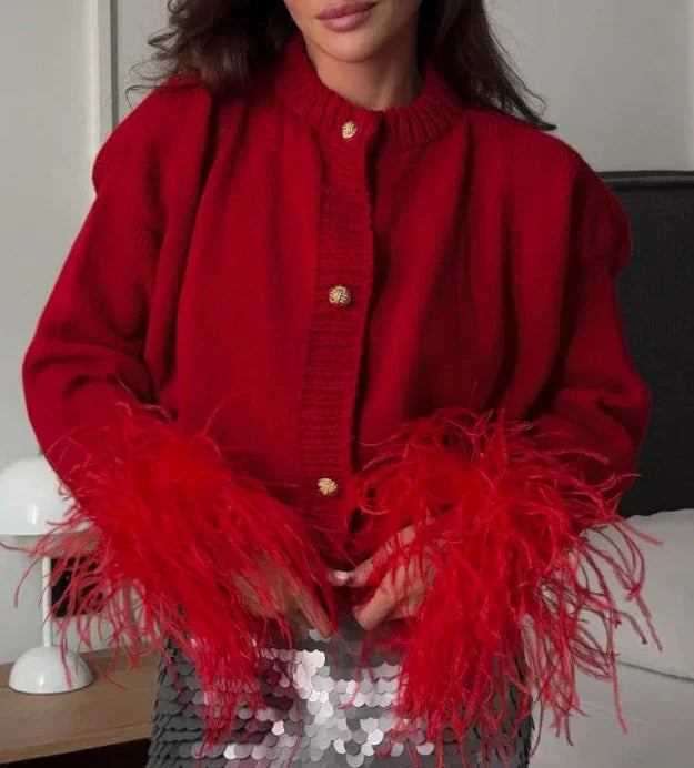 Eline Red Feather Sleeve Knitted Cardigan