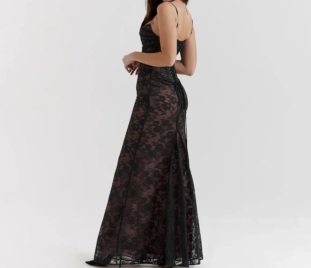 Long Lace Maxi Black Lace Up Elegant Two Piece Event Dress