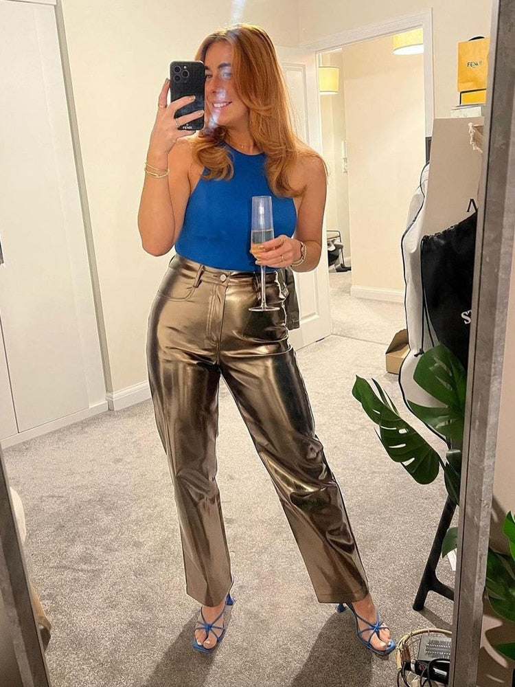 Metallic Straight Leg High Waist Trousers