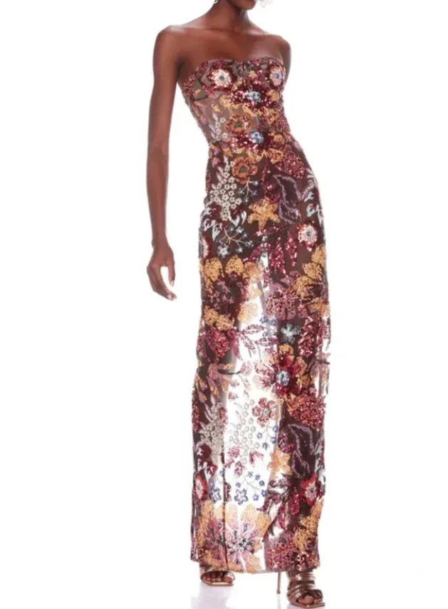 Luxe Strapless Handmade Floral Sequin Maxi Gown Dress