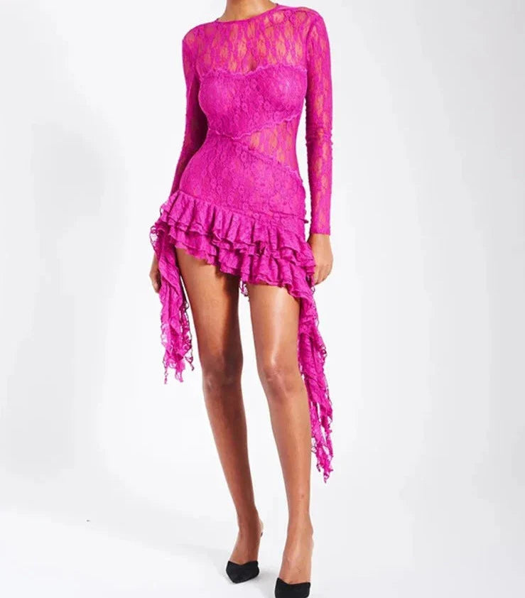 Lace Ruffle Bodycon Mini Dress