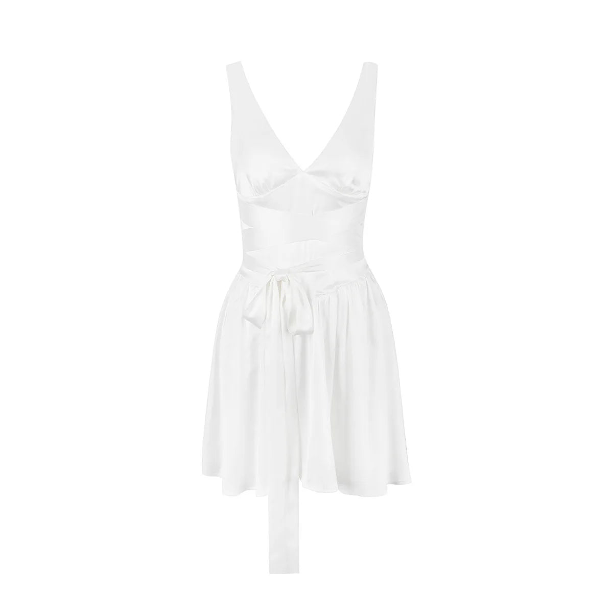 White Satin Summer V Neck A Line Mini Dress