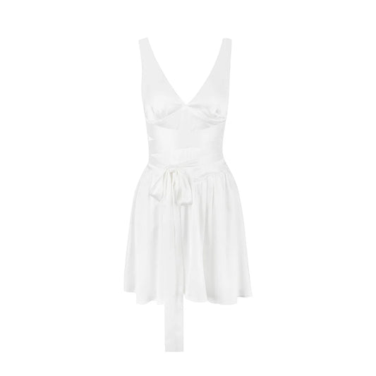 White Satin Summer V Neck A Line Mini Dress