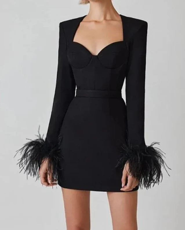 Luxe Long Sleeve Feathers Mini Bodycon Bandage Dress