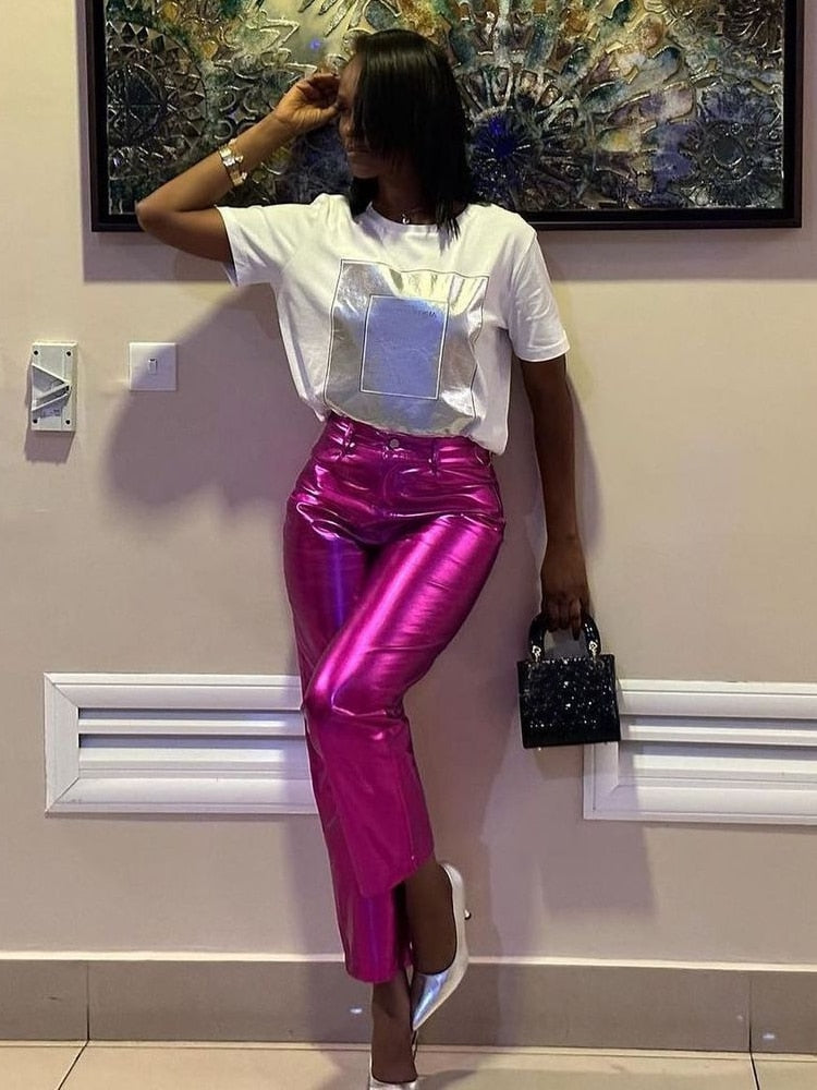 Metallic Straight Leg High Waist Trousers