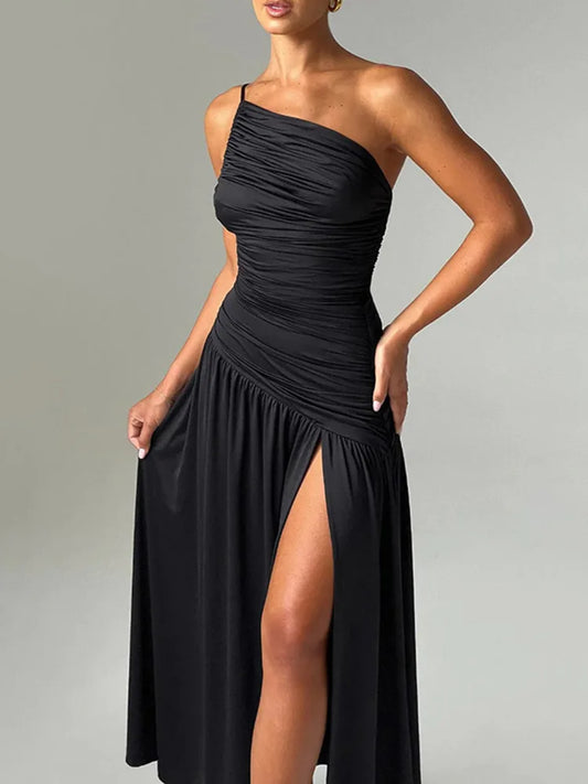 High Split One Shoulder Strap Backless Maxi Dress