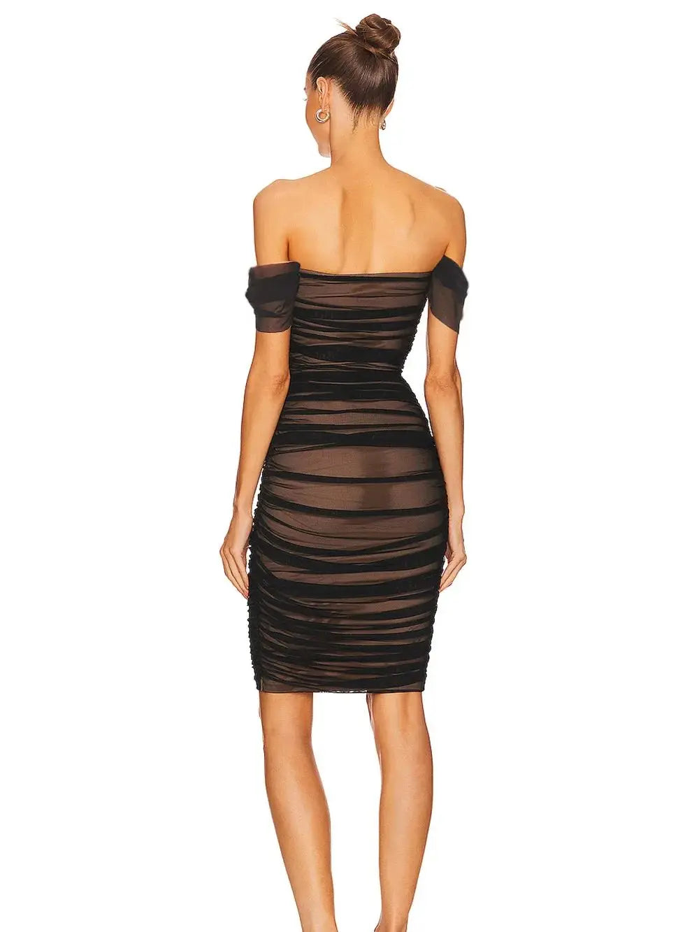 Off The Shoulder Mesh Ruched Midi Bodycon  Dress