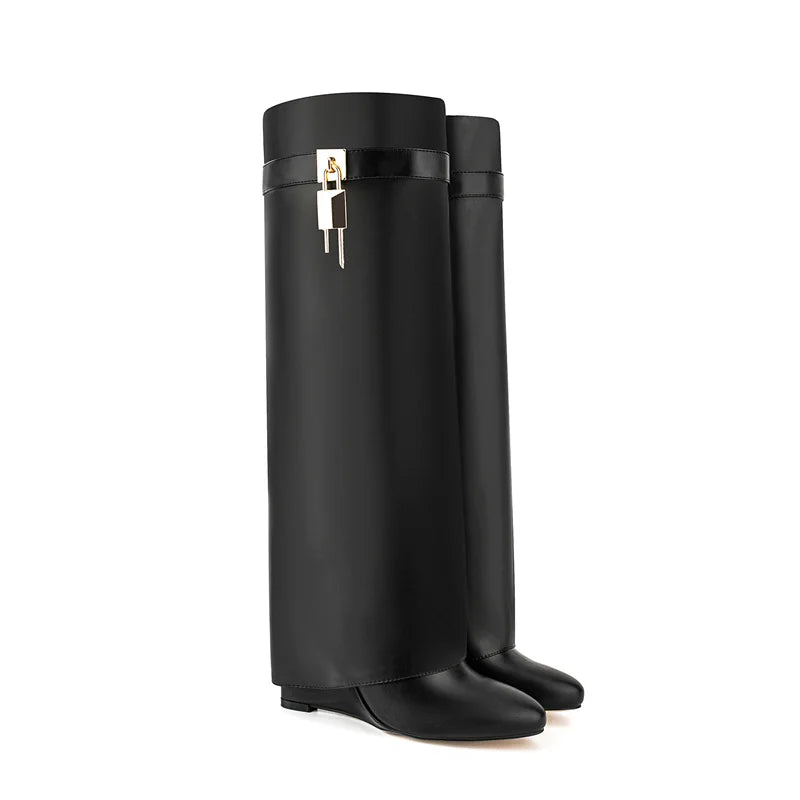 Faux Leather Lock Knee High Boots