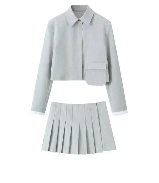 Chic Button Jacket Patch Pocket And Pleated Skirt Set