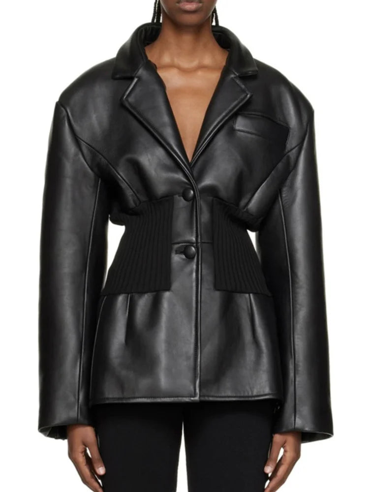 Ribbed Vegan Leather Blazer