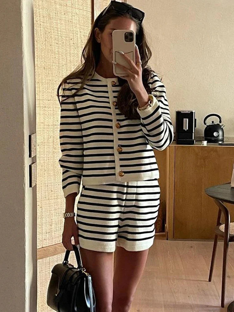 Striped Knit Cardigan & Shorts Two Piece Set