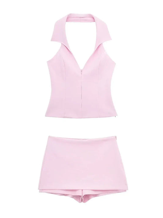 Chic Spring Pink Halter Neck Skort Set