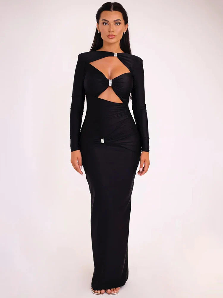 Elegant Hollow Cut Out Long Sleeve Maxi Dress