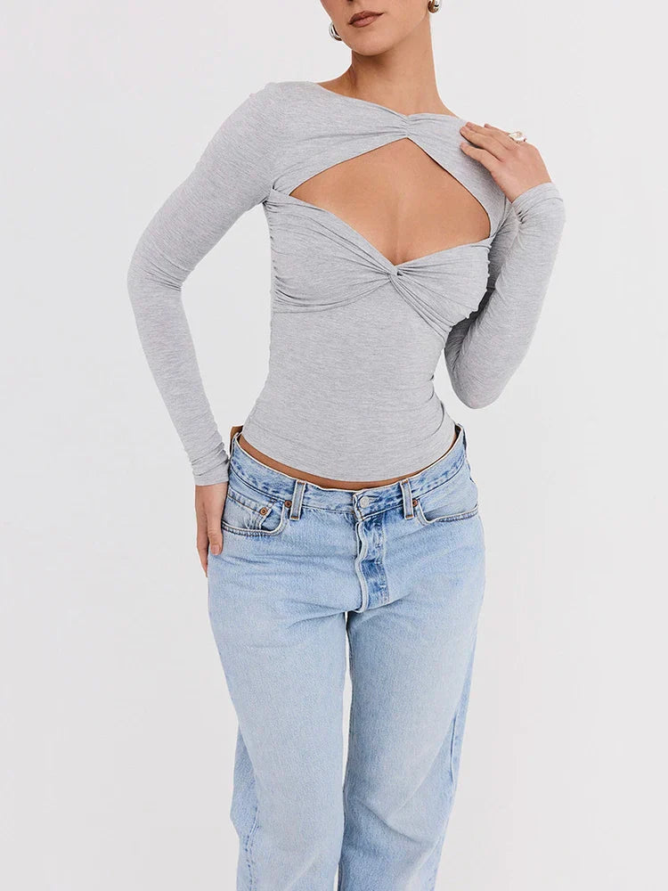 Gray Twist Front Long Sleeve Top