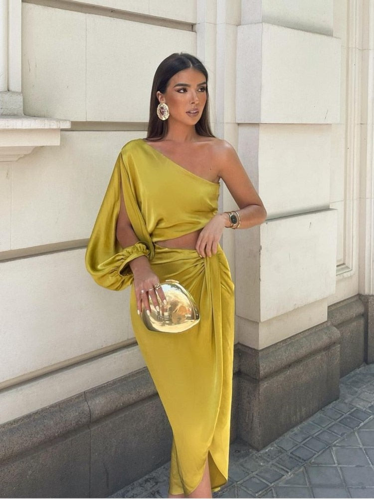 One Shoulder Cut Out Asymmetrical Midi Dress